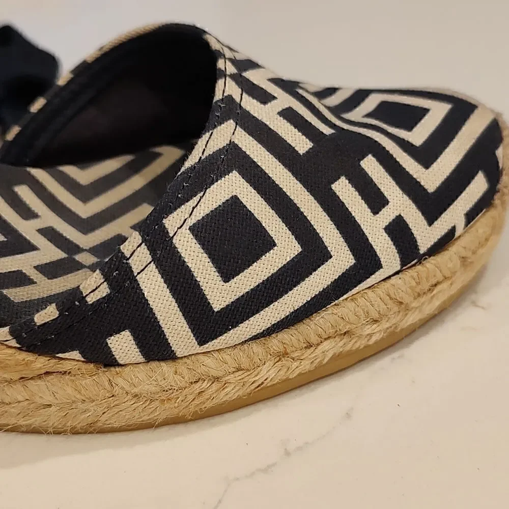 Tory Burch Geo Print Platform Wedge Espadrilles Navy White Boho Sandals